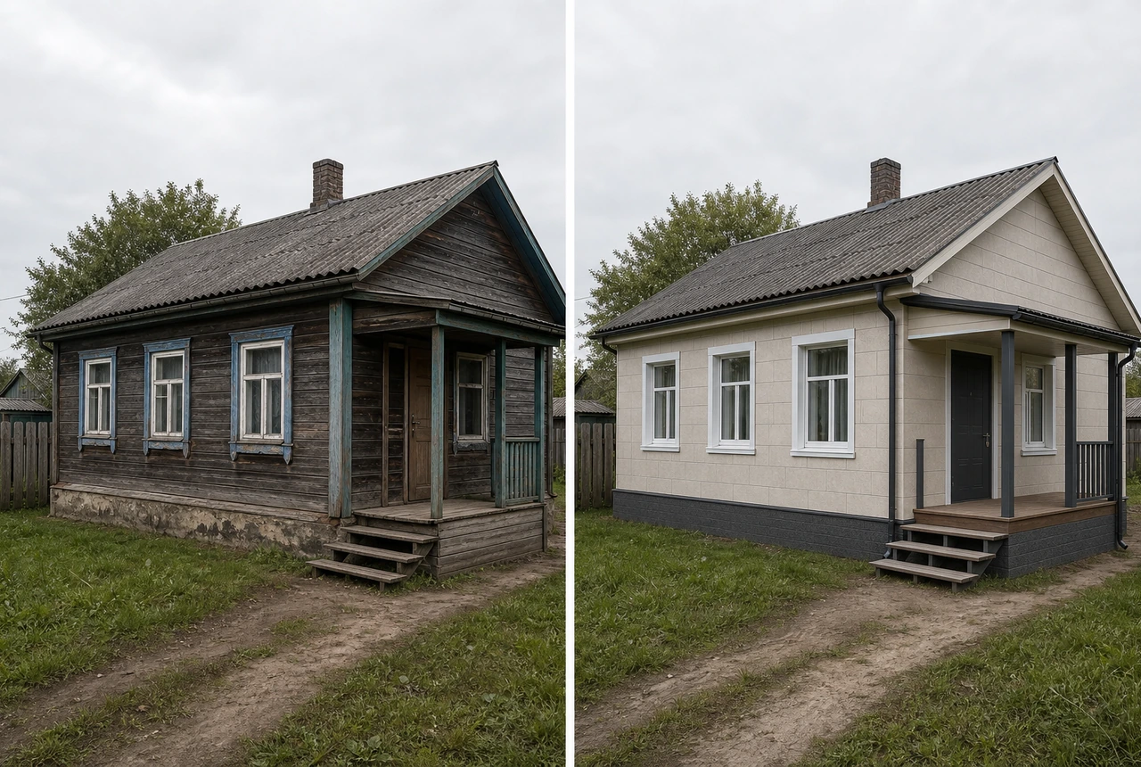 Реальное фото до и после утепления фасада частного дома