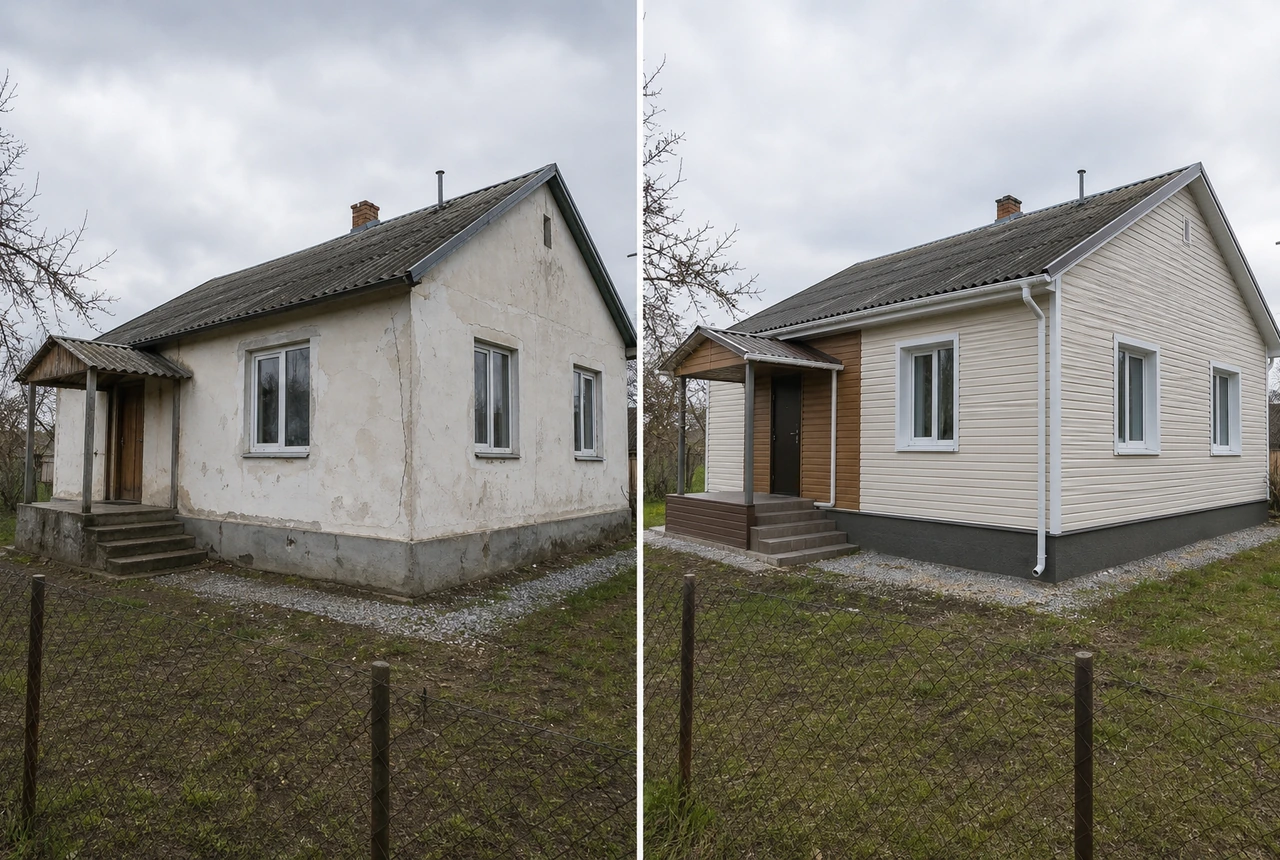 Реальное фото до и после утепления одноэтажного дома