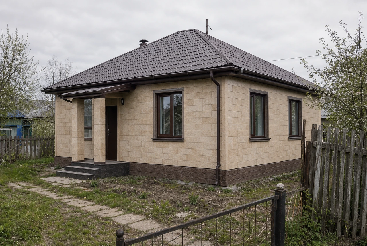 Реальное фото дома с фасадной плиткой после ремонта фасада